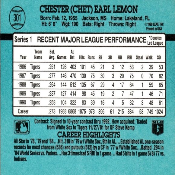 Chet Lemon (Detroit Tigers) Vintage Donruss '91 MLB Card - Card Number 301 - Picture 2 of 2